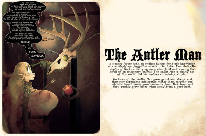 antlers apple arrow arrow_(weapon) arrows belt belt_choker belt_collar big_breasts blood_stain breasts breasts_bigger_than_head brick_wall choker cloak collar creepy earring earrings elf elf_ears english english_text fae fantasy glasses glove gloves glowing glowing_eyes injury jack_cayless long_hair magic male piercing piercings pointy_ears poking poking_head rapscallion rapscallion_art rapscallion_games revealing revealing_clothes robe skimpy skimpy_clothes skull spooky text thick_thighs touching_head ttrpg vice_&_violence warlock wide_hips