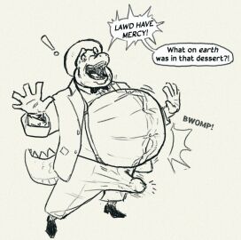 alligator alligatorid anthro belly big_belly bloated bow_tie clothing coat crocodilian cuff_links double_chin dress_pants dress_shirt dress_shoes dress_socks erection erection_under_clothing exclamation_point expansion genital_expansion genital_growth genital_growth_(enlargement) genitals gentleman growth hands_up hat headgear headwear male obese obese_anthro obese_male open_mouth overweight overweight_anthro overweight_male papyreit penis penis_expansion penis_growth penis_growth_(enlargement) reptile scalie shirt solo southern_accent speech_bubble suit surprise surprised_expression suspenders tail teeth tenting text topwear weight_gain