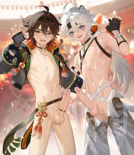 2boys animal_ears balls black_gloves black_hoodie black_jacket blue_eyes brown_eyes brown_hair finch0023 finch_(blanc1771) fingerless_gloves gaming_(genshin_impact) gay genshin_impact gloves grey_pants hair_between_eyes hairband headband highres hood hooded_jacket hoodie jacket lingyang_(wuthering_waves) lion_boy lion_ears lion_tail long_hair long_sleeves looking_at_viewer male male_focus male_only multicolored_hair multiple_boys multiple_males navel nipples no_pubes nude open_mouth pants penis penis_ring red_hair smile stomach tacet_mark_(wuthering_waves) tail tassel teeth testicles tongue uncensored vision_(genshin_impact) white_hair wuthering_waves yaoi