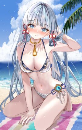 1girls 2024 2d 2d_(artwork) alternate_costume alternate_hairstyle beach belly belly_button bikini bikini_bottom bikini_top blue_eyes blue_hair blush bra breasts clouds day female female_focus female_only front_view genshin_impact high_resolution highres kamisato_ayaka light-skinned_female light_skin long_hair medium_breasts mitsu336 navel ocean on_knees outdoors palm_tree sand sky slim_female smiling_at_viewer solo solo_female solo_focus summer swimsuit thong thong_bikini two_piece_swimsuit vision_(genshin_impact) water young younger_female