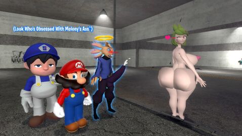 1girls 3boys 3d ass ass_on_glass axol_(smg4) balls balls_in_pants barefoot big_ass big_breasts big_butt blushing_male boner_in_pants breasts bubble_ass bubble_butt completely_nude cum female full_body garry's_mod ghost gmod halo hand_on_glass kaibernation male mario mario_(series) melony_(smg4) naked naked_female nintendo nosebleed nude nude_female pink_nipples smg4 smg4_(character) squishing_ass squishy_butt thick_thighs winking