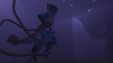 3d anthro capture dark digital_media_(artwork) dragon female fluffy fog forest fox_the_hyena fyrne hi_res mythological_creature mythological_scalie mythology plant questionable_consent scalie solo tentacle tree