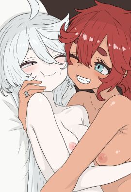 2girls blue_eyes bluelikesfrens breasts cheek-to-cheek female grin gundam gundam_suisei_no_majo hand_on_another's_face heads_together jewelry long_hair looking_at_another miorine_rembran multiple_females multiple_girls nipples nude one_eye_closed purple_eyes red_hair ring small_breasts smile suletta_mercury thick_eyebrows wedding_ring white_hair wife_and_wife yuri