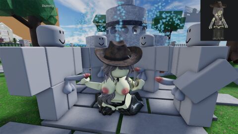 1girls 3d 4boys balls big_breasts breasts cow_girl cowboy_hat dummy_(roblox) female fountain gangbang handjob jerkingoff kneeling male ninjashyper2 park reference_image roblox roblox_avatar robloxian self_upload tagme