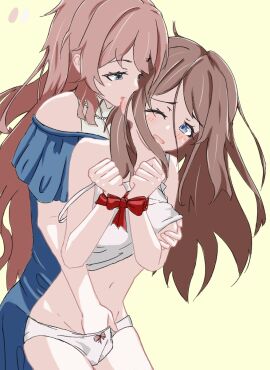 2girls bang_dream! bang_dream!_it's_mygo!!!!! biting biting_ear blue_dress blue_eyes blush bound bound_wrists bow bow_panties breasts brown_hair camisole chihaya_anon chinese_commentary commentary_request cosplay costume_switch dress female fingering grabbing_another's_breast grabbing_from_behind grey_eyes groping hand_in_another's_panties hand_in_panties highres jewelry long_hair looking_at_another mi_zhi_chashao_men_fan_fan multiple_females multiple_girls nagasaki_soyo necklace one_eye_closed open_mouth panties pink_hair reaching simple_background underwear white_camisole white_panties yellow_background yuri