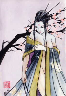 1girls abend86 asian asian_female breasts female navel nipples original original_character solo watercolor
