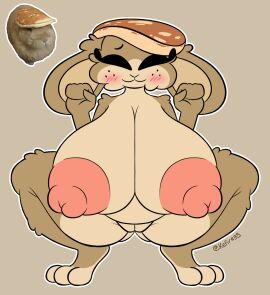absurd_res anthro arm_tuft big_nipples blush blush_lines crouching female fist food genitals hi_res huge_nipples kefiregg lagomorph leporid mammal nipples nude object_on_head pancake puffy_nipples pussy rabbit shoulder_tuft solo tuft