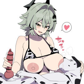 1girls animal_penis bestiality blush breast_sucking breasts breasts_out caesar_king caesar_king_(zenless_zone_zero) canid canine canine_genitalia canine_penis cow_print domestic_dog female feral functionally_nude functionally_nude_female grey_hair handjob heart interspecies knot lactation large_breasts lover_animal male penis smiling sucking sucking_nipples yellow_eyes zenless_zone_zero zoophilia