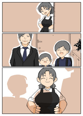 1girls 3boys apron black_eyes black_hair business_suit closed_eyes couple couple_(romantic) female flashback husband husband_and_wife male married married_couple married_female married_male milf mother_and_child mother_and_son multiple_boys multiple_males original suit suit_and_tie tan_boku tie wife wife_and_husband