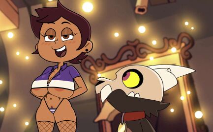 2d accurate_art_style areola_slip arms_behind_back blurry blush breasts brown_eyes brown_hair cleavage clothing crop_top dark-skinned_female dark_skin disney disney_channel earrings female female_only female_pubic_hair fishnet_thighhighs fishnets highleg highleg_panties huge_breasts indoors jewelry large_breasts luz_noceda navel nipple_slip on_model open_mouth pantsu pubic_hair shirt short_hair short_sleeves smile steca striped striped_panties teeth the_owl_house thelazyart thighhighs underboob underwear