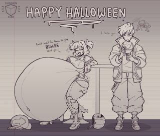 admiring annoyed_expression aroused ass belly_fetish blush drunk fat_ass flirting halloween hyper hyper_belly liam_(suddencube) molly_(suddencube) prey_outline secretly_loves_it struggling_prey suddencube_(artist) vore vore_belly