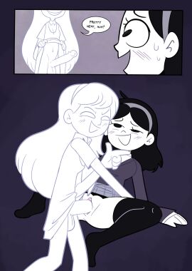 1futa 1girls anya's_ghost anya_borzakovskaya balls big_penis black_eyes black_hair bottomless clothed clothing comic dialogue duo emily_reily english_text erection female futa_on_female futanari ghost ghost_girl huge_cock humanoid humanoid_penis intersex light-skinned_female light_skin long_hair miscon partially_clothed penis pussy socks text thighhighs thighs vaginal_penetration white_skin