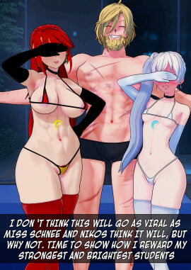 1boy 2girls 3d 3d_(artwork) aged_up arc_family_crest aroused beard before_sex big_breasts blush blushing breasts covering_eyes embarrassed english_text facial_hair fatallyobsessed female heavy_blush highres jaune_arc large_breasts male professor_arc pyrrha_nikos red_face rwby scars small_breasts text weiss_schnee