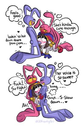 4_fingers anal anal_sex anthro blush bodily_fluids ddfreakyart doppleganger double_penetration english_text evil_jax_(tadc) evil_jax_(the_amazing_digital_circus) female female_penetrated fingers glitch_productions gloves group hi_res humanoid jax_(tadc) jax_(the_amazing_digital_circus) jester jester_hat kneeling kneeling_double_penetration kneeling_sex lagomorph leporid male male/female male_penetrating male_penetrating_female mammal moan motion_lines nervous oral oral_penetration penetration penis penis_in_ass penis_in_pussy pomni pomni_(tadc) pomni_(the_amazing_digital_circus) pussy rabbit saliva shaking shivering smaller_female smaller_penetrated smug_grin spitroast suspended_double_penetration taller_male teasing text the_amazing_digital_circus thought_bubble trio vaginal_penetration