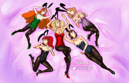 5girls ann_takamaki black_leotard blonde_hair blue_eyes blue_leotard bowtie breasts brown_eyes brown_hair bunny_ears detached_collar fake_animal_ears female glasses green_leotard haru_okumura high_heels jspr69 kasumi_yoshizawa large_breasts leotard long_hair looking_at_viewer makoto_niijima medium_breasts orange_hair pantyhose persona persona_5 playboy_bunny ponytail purple_leotard red_eyes red_hair red_leotard sakura_futaba short_hair twintails wrist_cuffs