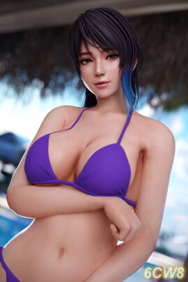 1girls 3d 6cw8 alluring amber_eyes big_breasts bikini black_and_blue_hair breasts cleavage dead_or_alive dead_or_alive_xtreme_venus_vacation female female_only shandy_(doa) solo swimming_pool tecmo