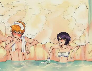1boy 1girls black_hair bleach female firii hot_spring ichigo_kurosaki kuchiki_rukia male orange_hair