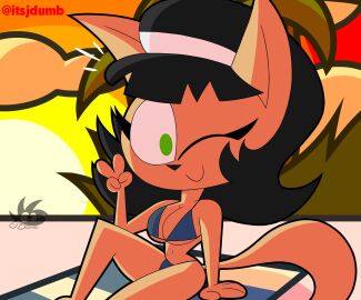 1girls beach bikini cat_girl female furry jdone kitty_katswell solo sunset t.u.f.f._puppy v_sign wink