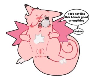 anthro anus belly_rub blush bunnyqueen clefable embarrassed eyewear female generation_1_pokemon genitals glasses hi_res lying nintendo pokemon pokemon_(species) pussy semi-anthro slightly_chubby solo solo_focus