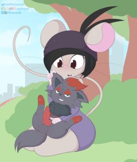 2019 anthro anthro_only balls beanie black_hair blue_eyes brown_eyes dashboom furry grey_fur male male_zorua michelle_(dashboom) mouse original original_character penis pokemon pokemon_(species) pokephilia pokémon_(species) zorua