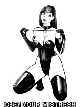 bdsm_outfit bdsm_suit black_and_white black_leather bondage collar dominant_female domination dominatrix domme female kneeling leather leather_clothing lipstick obey obey_your_mistress_series raulovsky riding_crop slave slave_girl submissive whip