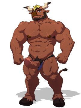 3:4 abs anthro arm_tuft balls blue_eyes body_hair bovid bovine brown_balls brown_body brown_fur brown_nipples brown_nose brown_penis cattle chest_hair clothed clothing dust_yang elbow_tuft erection front_view full-length_portrait fur genitals harry_baker hi_res humanoid_genitalia humanoid_penis jockstrap leg_hair looking_at_viewer male mammal mouth_closed muscular muscular_anthro muscular_male nipples pecs penis portrait pubes shoulder_tuft simple_background solo standing tail tail_tuft topless tuft underwear vein veiny_penis white_background