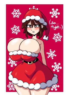 1girls alissa_(full_comfort) arms_behind_back big_breasts blush blush_lines bouncing_breasts breasts brown_hair christmas christmas_outfit eyelashes female female_only full_comfort huge_breasts looking_at_own_breasts looking_down_at_breasts nervous no_bra oc original_character short_hair shy slim_waist solo solo_female standing swinging_breasts tagme talking_to_self text thick_thighs tight_clothing
