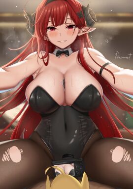 1animal 1boy 1girls alternate_costume artist_name azur_lane bare_shoulders between_breasts black_horns black_leotard breasts brown_pantyhose camera card card_between_breasts cleavage commentary curled_horns dark-skinned_male dark_skin detached_collar female highres hindenburg_(azur_lane) hindenburg_(delirious_duel)_(azur_lane) horns huge_breasts indoors iron_blood_(azur_lane) leotard light-skinned_female light_skin long_hair looking_at_viewer male male_pov manjuu_(azur_lane) official_alternate_costume pantyhose peanut_(shokan) playboy_bunny playing_card pointy_ears pov red_hair room strapless strapless_leotard symbol-only_commentary torn_clothes torn_pantyhose undersized_breast_cup very_long_hair