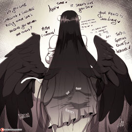 1boy 1girls ainz_ooal_gown albedo_(overlord) big_breasts black_hair breasts demon faceless_male female female_focus femdom human human_male humanized large_breasts liuskin male monochrome overlord_(maruyama) succubus succubus_horns succubus_wings