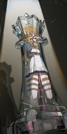 absurdres ahoge arms_behind_back bondage bound breasts brown_eyes brown_hair dildo dress frogtie gag gag_harness gagged highres long_hair looking_down monica_everett object_insertion pussy_juice restrained ring_gag sex_machine sex_toy shibari_over_clothes silent_witch skindentation small_breasts thighhighs vaginal_object_insertion vaginal_penetration white_thighhighs xiongmao zettai_ryouiki