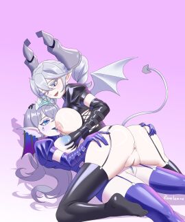 2girls absurdres after_kiss alternate_color anus ass blue_eyes blush bodysuit breasts cute_fang demon demon_girl demon_horns demon_tail demon_wings diadem duel_monster female female_only fins garter_straps grabbing_another's_breast grey_eyes grey_hair groping head_fins heart highres horns kitkallos_(yu-gi-oh!) labrynth_of_the_silver_castle large_breasts latex latex_bodysuit long_hair lovely_labrynth_of_the_silver_castle multiple_females multiple_girls nipples no_shoes oerba_yun_fang one_eye_closed open_mouth purple_background pussy rare_lemon saliva saliva_trail simple_background smile tail tearlaments_kitkallos tearlaments_series_(yu-gi-oh!) thighhighs tongue tongue_out wings yu-gi-oh! yuri