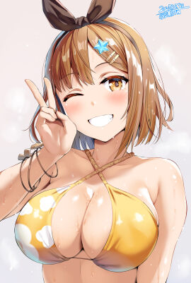 1girls artist_name atelier_(series) atelier_ryza bare_shoulders belko bikini blush bracelet breasts brown_eyes brown_hair cleavage collarbone dated female hair_ornament hair_ribbon hairclip halterneck hi_res highres jewelry large_breasts one_eye_closed reisalin_stout ribbon short_hair smile star_(symbol) star_hair_ornament swimsuit v wet yellow_bikini