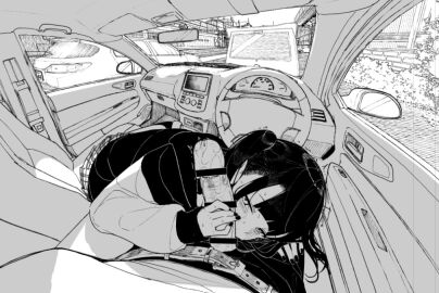 1boy bar_censor belt blush car car_interior censored erection fellatio female greyscale hood hoodie jirai_kei kuaru_(okamokomon) looking_at_viewer male monochrome motor_vehicle oral original penis penis_grab pov skirt steering_wheel