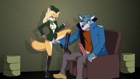 2014 anthro areola barrel beret blonde_hair blue_body blue_clothing blue_jacket blue_topwear boots bottomless bottomless_female bottomwear breasts brown_clothing brown_shirt brown_topwear canid canine canis cleavage clothed clothed_male clothing coach_wolfe cosplay countershading crotch_grab digital_media_(artwork) erection exposed_breasts eyewear female flufdustbunny fondling fox genitals glasses grey_bottomwear grey_clothing grey_pants grope hair hand_on_crotch hat headgear headwear high_heeled_boots high_heels jacket male male/female mammal masturbation military_uniform nipples on_leg pants penis pussy raised_leg sandra_ren sek_studio shirt sitting_on_armchair squirrel_and_hedgehog tagme tongue tongue_out topwear uniform vaginal_masturbation vaginal_penetration wolf