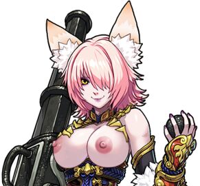 1girls breastless_clothes breastless_clothing breasts casual_nudity devil_slayer_-_raksasi female fox_ears fox_girl large_breasts nipples no_sex nonsexual_nudity nude_edit nude_filter pink_hair tagme tindra_(dsr) topless_dress weapon