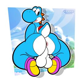 absurd_res anthro anus ass backsack balls ballsack big_ass big_balls big_butt blue_body blue_scales clothing cyan_yoshi dinosaur footwear footwear_only genitals hi_res kneeling looking_back male male_only mario_(series) mostly_nude nintendo open_mouth pac-man_eyes pink_anus raised_tail reptile scales scalie shoes shoes_only solo super_mario_bros._wonder tail thick_thighs veggieafterdark white_body white_scales wide_hips yoshi yoshi_(character)