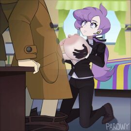 1boy 1girls alternate_breast_size anabel_(pokemon) anabel_(pokemon_sm) animated breasts female handsome_(pokemon) hyper_breasts lila_(pokemon) lila_(pokemon_sm) looker_(pokemon) male paizuri parowy penis pokemon purple_eyes purple_hair standing titjob