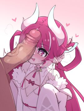 1boy absurdres bare_shoulders bebatch breasts bright_pupils detached_sleeves dress earrings erection female heart heart-shaped_pupils highres horns indie_virtual_youtuber jewelry long_hair looking_at_penis male multicolored_hair open_mouth penis penis_awe pink_eyes pink_hair pinky_(vtuber) pointy_ears precum sleeves_past_fingers sleeves_past_wrists small_breasts solo_focus straight streaked_hair symbol-shaped_pupils uncensored virtual_youtuber white_dress white_hair white_horns white_pupils