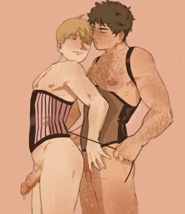 2boys arataka_reigen ass corset cum cum_drip gay gay_male hairy_chest hairy_male katsuya_serizawa male male_only mob_psycho_100 nsfws18plus penis penis_in_ass yaoi