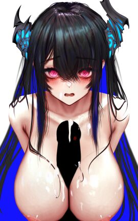 absurdres anger_vein areola_slip asymmetrical_horns bags_under_eyes black_eyeliner black_hair black_horns blank_censor blue_hair blush bow_(weapon) breasts censored cleavage collarbone colored_inner_hair condom condom_on_penis convenient_censoring cream cream_on_face crossed_bangs cum cum_on_body cum_on_breasts demon_horns eyeliner female flustered food food_on_face heart heart-shaped_pupils highres holding holding_bow_(weapon) holding_weapon hololive hololive_english hololive_english_-advent- horns huge_breasts large_breasts long_hair looking_at_viewer makeup male mascara mole mole_under_eye multicolored_hair musical_note nerissa_ravencroft nude open_mouth penis red_eyes sidelocks simple_background soju_ice solo streaked_hair swept_bangs symbol-shaped_pupils two-tone_hair uneven_horns very_long_hair virtual_youtuber weapon white_background