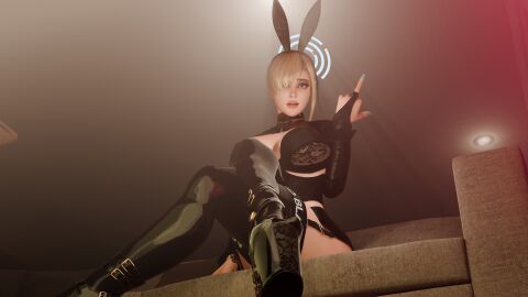 3d asuna_(blue_archive) blacked blacked_clothing blue_archive bunny_ears bunnysuit female gloves heels high_heel_boots high_heels latex looking_at_viewer middle_finger netorare ntr platform_heels queen_of_spades stockings woudlwonker819