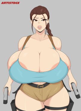 1girls artistdex big_breasts breasts breasts_bigger_than_head breasts_bigger_than_torso chubby cleavage female female_focus female_only gun guns holding_gun holding_object holding_weapon holding_weapons huge_breasts lara_croft lara_croft_(classic) large_breasts large_tits massive_breasts massive_tits tagme thighs tomb_raider weapon weapons