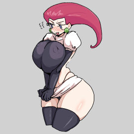 1girls black_gloves blue_eyes blush blush_lines blushing breast_squeeze breast_squish breasts earrings embarrassed female jessie_(pokemon) large_breasts leebongchun long_hair micro_bikini pearl_earrings pink_hair pokemon pulling_clothing skin_tight skirt solo sweatdrop team_rocket white_background