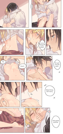 2girls ass ass_crack ass_grab attack_on_titan bed bed_sheet blonde_hair blue_eyes blush breast_grab breast_sucking breasts brown_eyes brown_hair butt_crack christa_lenz closed_eyes clothed_female_nude_female color comic comic_page covering_mouth curryuku dialogue embarrassed embarrassed_nude_female english_text erect_nipples female freckles functionally_nude groping_breasts hand_on_another's_ass hand_under_clothes heart highres historia_reiss kissing long_hair looking_at_another moaning multiple_females multiple_girls nipple_tweak nipples no_underwear partially_clothed romantic romantic_couple shingeki_no_kyojin short_hair skirt sound_effects sweat trembling undressing undressing_another visible_breath white_shirt ymir_(shingeki_no_kyojin) yuri
