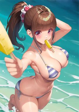 absurdres akihiro0920 arched_back arm_up bare_legs barefoot bikini blue_bikini blunt_bangs blurry blush breasts brown_hair cleavage collarbone commentary_request day depth_of_field feet female female_only food food_in_mouth hair_ornament hair_scrunchie highres holding holding_food holding_popsicle long_hair looking_at_viewer micro_bikini navel o-ring o-ring_bikini ocean original outdoors outstretched_arm ponytail popsicle popsicle_in_mouth red_eyes revealing_clothes scrunchie skimpy_clothes skindentation standing striped_bikini striped_clothes swimsuit toes wading