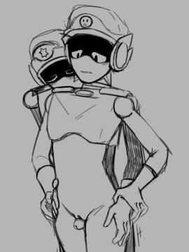 1boy 1girls blue_eyes brawl_stars brother_and_sister female flat_chest hat hetero highres incest larry_(brawl_stars) lawrie_(brawl_stars) light-skinned_female light_skin male male/female male_on_female robot robot_boy robot_girl twincest twins yellow_eyes