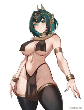 armlet bare_shoulders black_thighhighs blush bracelet breast_curtains breasts cameltoe cleavage earrings female genshin_impact green_eyes green_hair headpiece highleg highres hioyami jewelry large_breasts looking_at_viewer mark_under_eye medium_hair navel neck_ring nefer_(genshin_impact) pelvic_curtain smile solo sweat tattoo thighhighs thighs usekh_collar