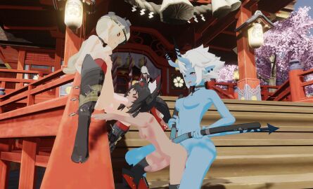 3d 4futas alexandrina_sebastiane anal balls black_hair blonde_futa blonde_hair blowjob blue_oni blue_skin cat_ears cat_tail catgirl choker eyes_closed fellatio female from_behind from_behind_position futa/futa futa_on_futa futa_only futanari grabbing_from_behind grabbing_tail hairband helmet high_heels horns hoyoverse intersex intersex/intersex johndoeseph long_hair looking_at_partner looking_down looking_down_at_partner looking_pleasured looking_shocked luciana_de_montefio maid maid_apron maid_headdress maid_uniform nekomiya_mana oni oni_female oni_horns oral_sex platinum_blonde_hair pussy sex_on_stairs short_hair shrine side_ponytail sitting sitting_on_railing soukaku_(zenless_zone_zero) spitroast standing standing_sex tail tan_skin vaginal_penetration vaginal_sex victoria_housekeeping watching watching_from_afar watching_sex white_hair zenless_zone_zero