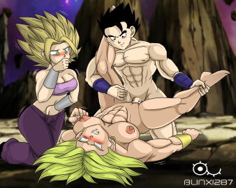 1boy 2girls blinx1287 caulifla dragon_ball dragon_ball_z female kale kale_(berserker) legendary_super_saiyan male multiple_females multiple_girls sex son_gohan super_saiyan super_saiyan_2 tagme