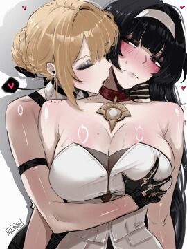 2girls absurdres arm_strap artist_name astra_yao behind_another bite_mark bite_mark_on_neck bite_mark_on_shoulder black_eyeshadow black_gloves black_hair blonde_hair blush breasts closed_eyes closed_mouth dress earpiece earrings evelyn_chevalier eyeshadow female female_only gloves grabbing_another's_breast groping gybeth hair_intakes hairband heart highres jewelry large_breasts long_hair looking_at_another makeup necklace open_mouth partially_fingerless_gloves shadow shirt sleeveless sleeveless_dress sleeveless_shirt strapless strapless_dress sweat twitching upper_body white_background white_dress white_hairband white_shirt yuri zenless_zone_zero
